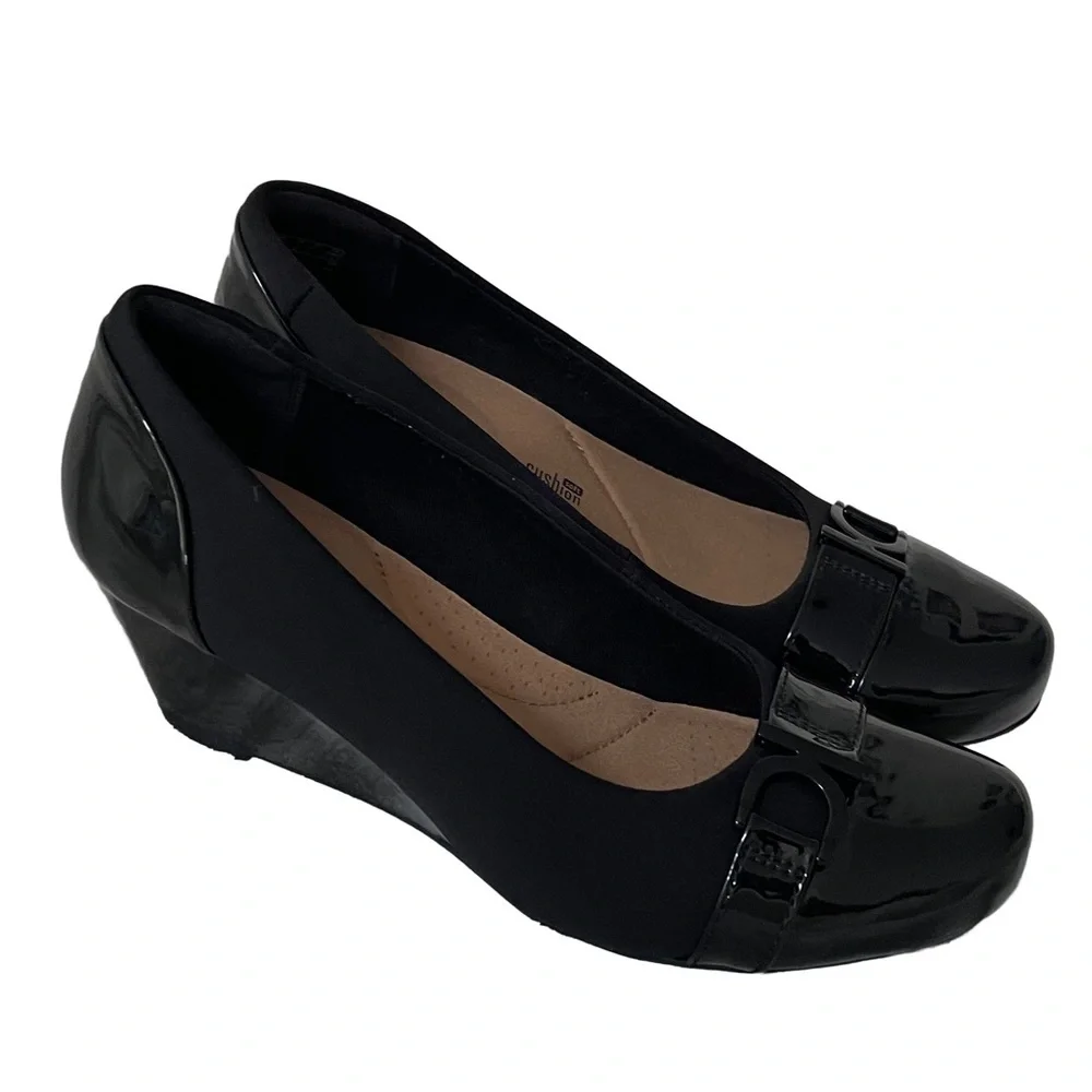 Clarks Black Wedge Pump with Patent Accent